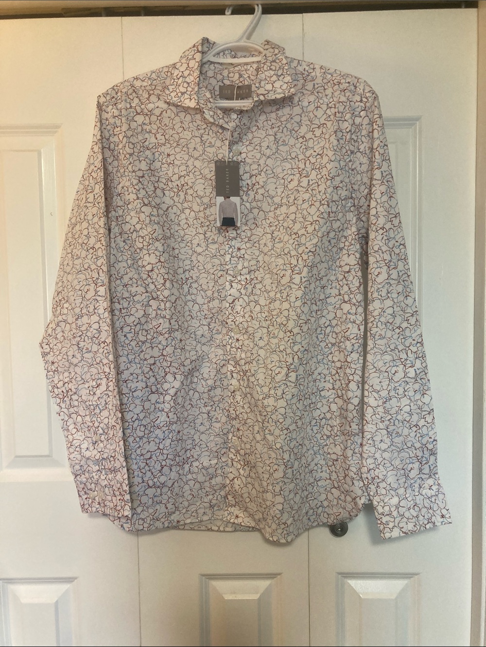 Ted Baker White Long-Sleeve Button Shirt with Red & Blue Floral Outline